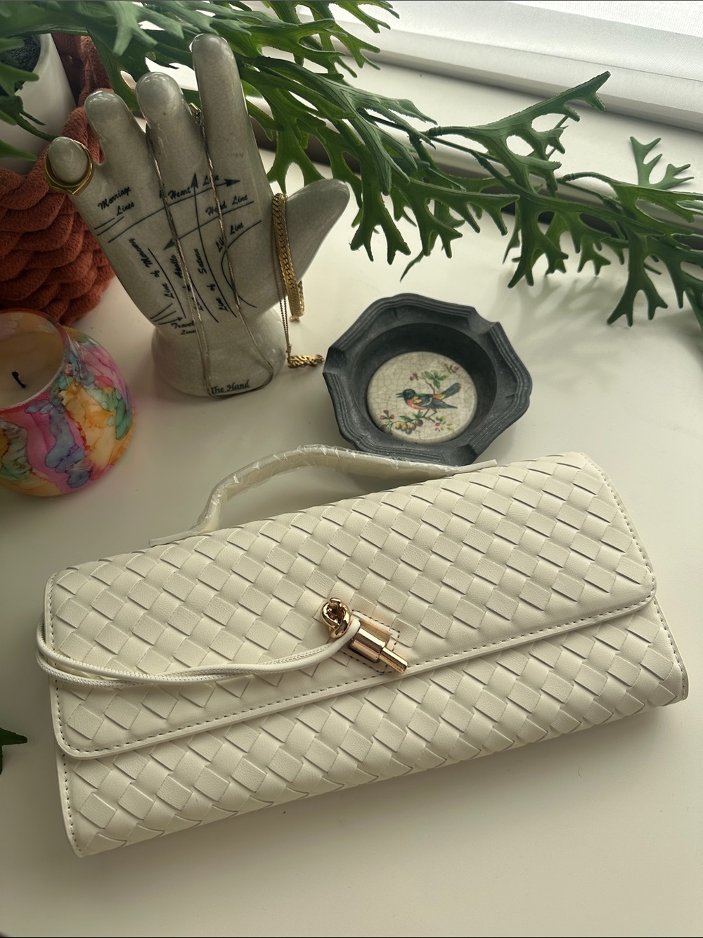 Woven Leather Clutch Handbag in Cream